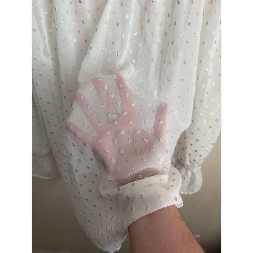 Lane Bryant Metallic Swiss Dot Peasant Blouse 14/16 White Gold Sheer Boho Top - Picture 9 of 10